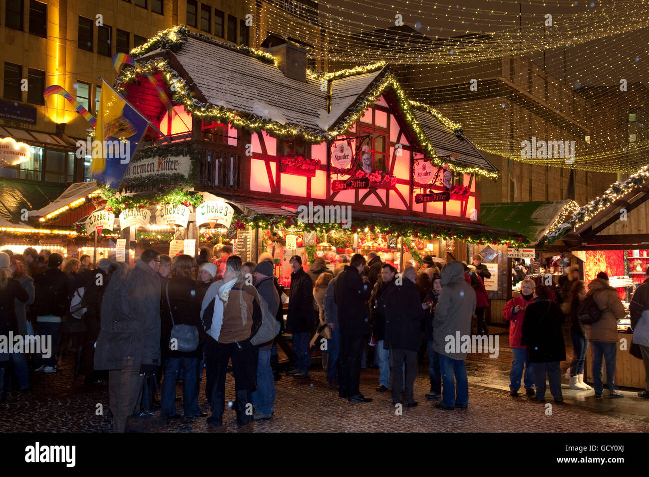 Christmas market at Kennedy Square, stand with mulled wine, Essen, Ruhr Area, North Rhine-Westphalia Stock Photo