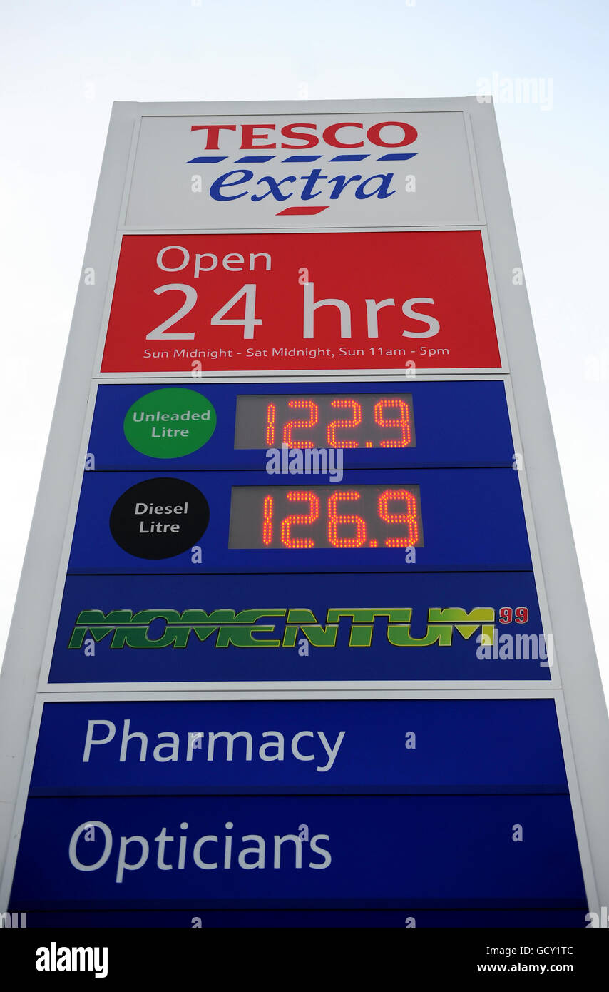 A general view of the price of fuel at a Tesco extra petrol station, as