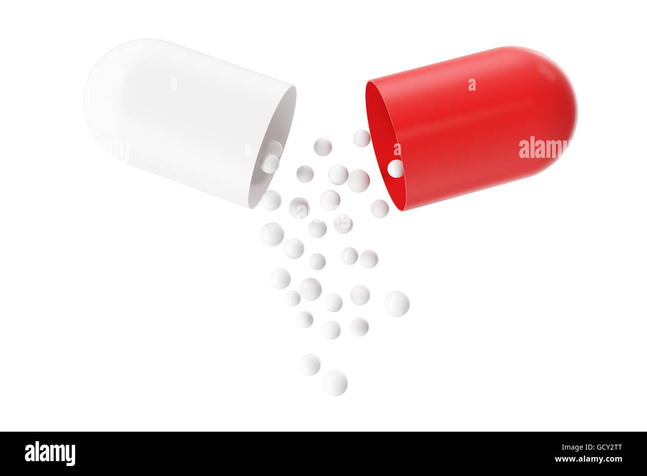 Opened red white pill capsule with granules. 3d illustration Stock