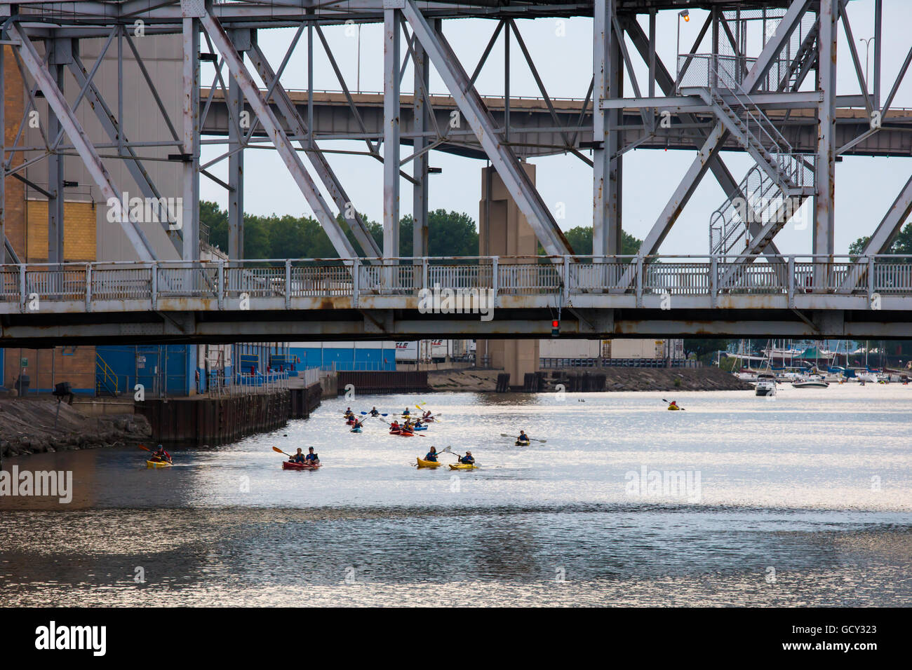 People kayaking in the Buffalo River in Buffalo New York Stock Photo