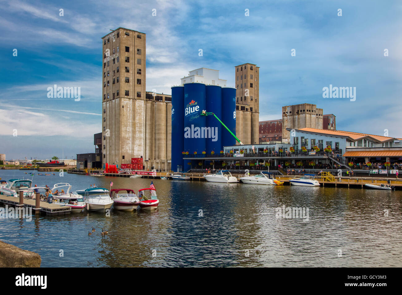 Grain silos and Buffalo Riverworks complex on Buffalo River in Buffalo