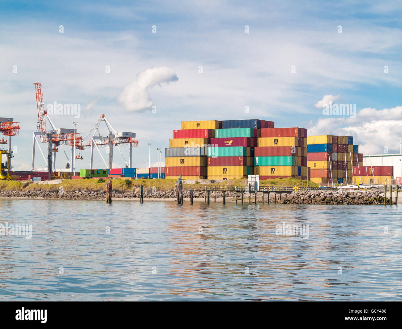 Port container terminal Tauranga Sulphur Point multi-color containers stacked near wharf cranes Stock Photo