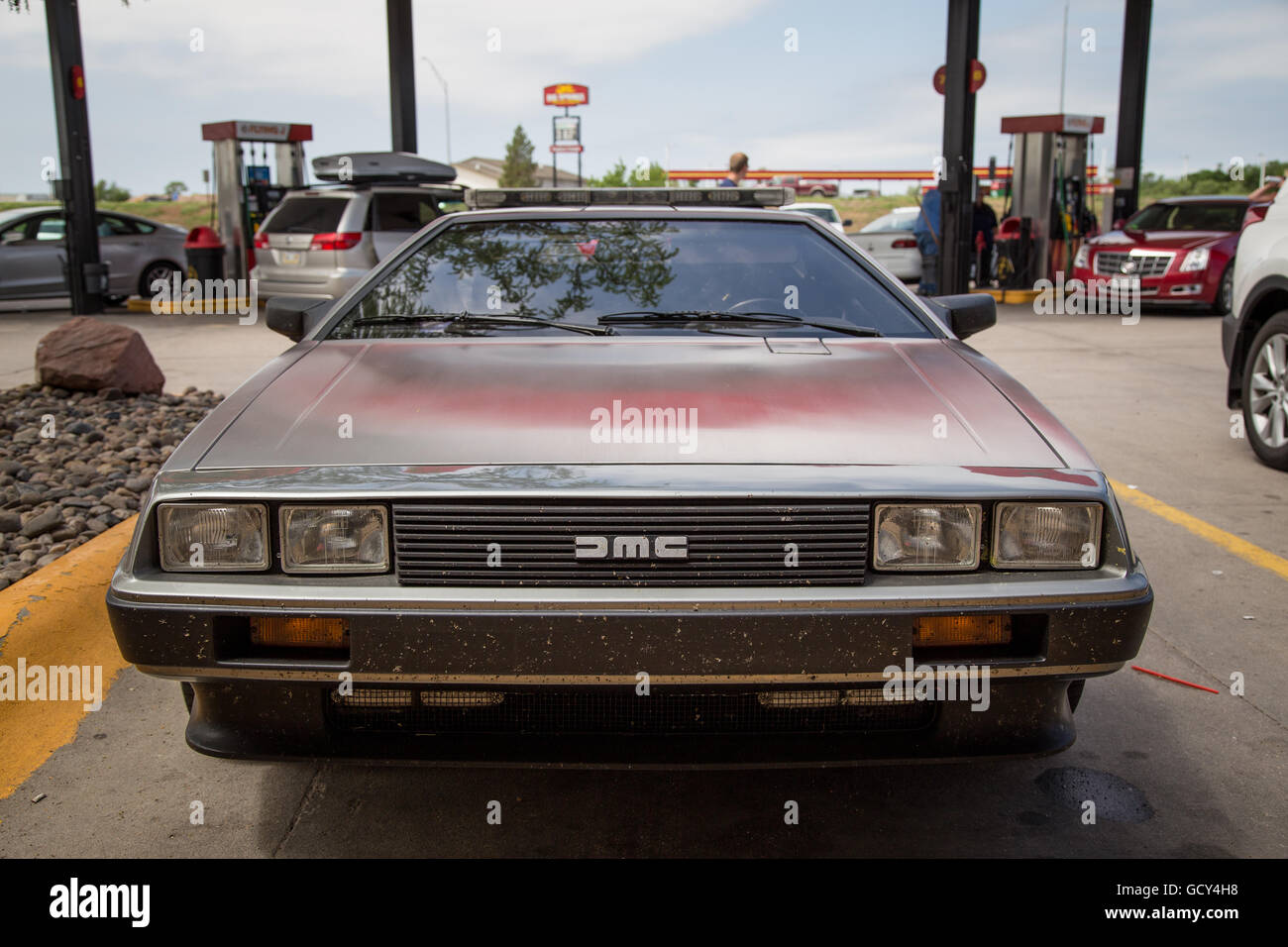 A De Lorean car is parked in front of a gas station in Big Springs, Nebraska, June 1, 2014. Stock Photo