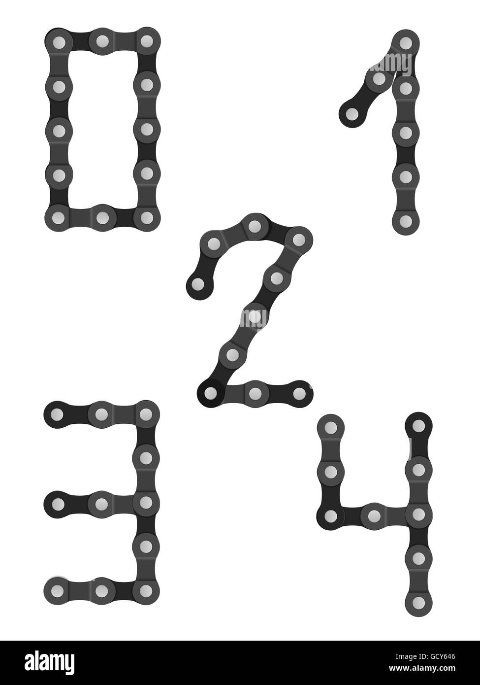 Bike chain number 0 to 4 on a white background. Stock Photo