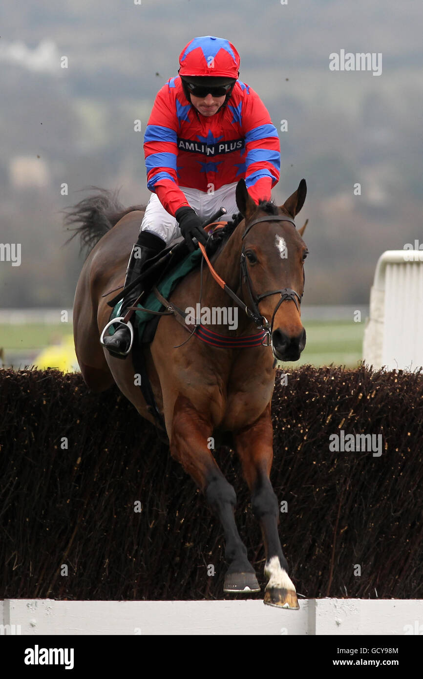 Horse Racing - Cheltenham Racecourse. Jockey Tom O'Brien on Balthazar King jumps during the DRS Contracts Novices' Chase Stock Photo