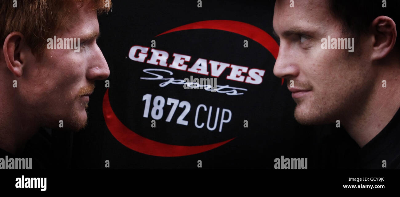 Edinburgh captain Roddy Grant and Warriors skipper Al Kellock announced that Greaves Sport will sponsor the 1872 Cup during the 1872 Cup Launch at Greaves Sports, Glasgow. Stock Photo