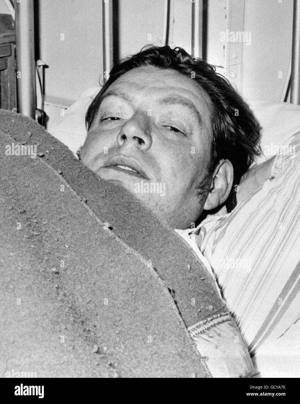 In Penzance Hospital, one of the two survivors of the MV Lovat Disaster, cook Stewart Roy Hawley. The cargo ship went down in rough seas off Land's End. Eleven crewmen were killed. Stock Photo