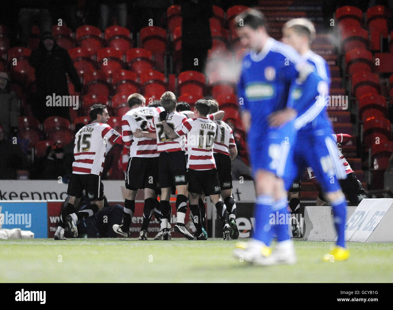 Doncaster rovers celebrate at the keepmoat stadium hires stock