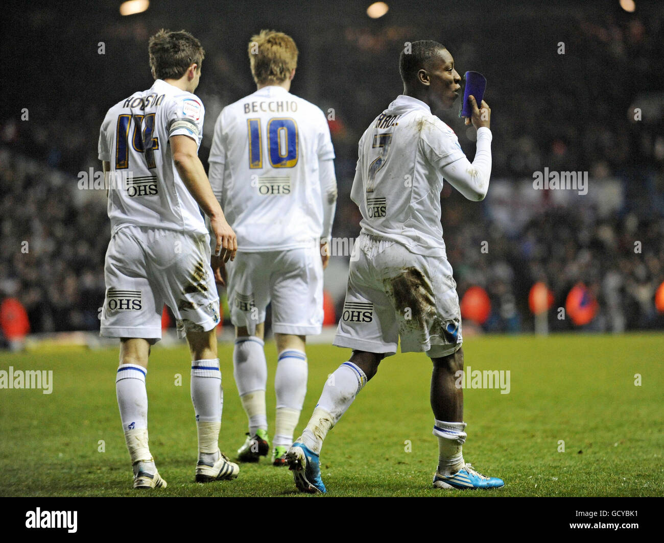 Leeds United's Max Gradel kisses his shinpad after scoring his side's second goal during the npower League Championship match at Elland Road, Leeds. Stock Photo