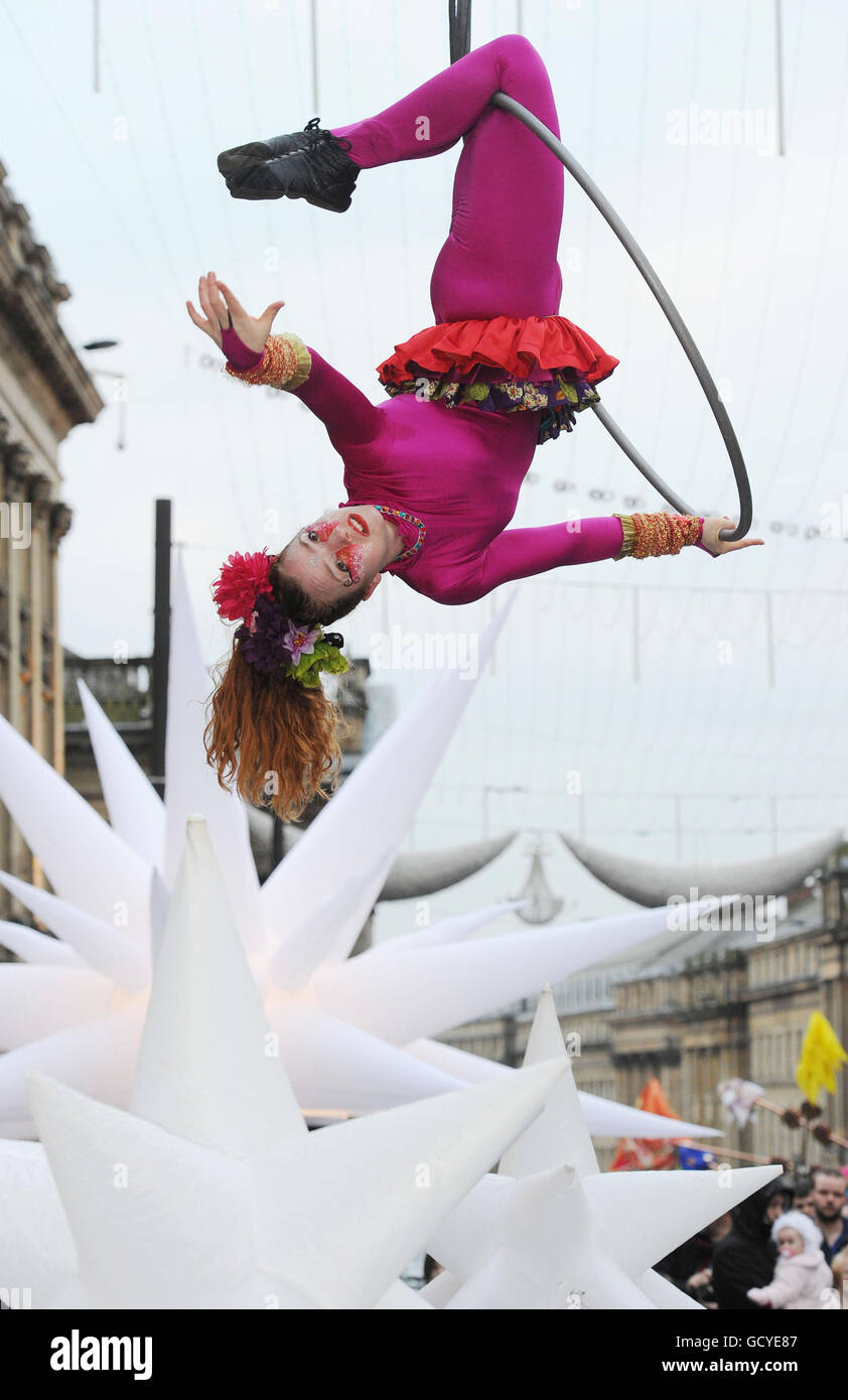 A street performer during the New Year celebrations in Newcastle city centre. Stock Photo
