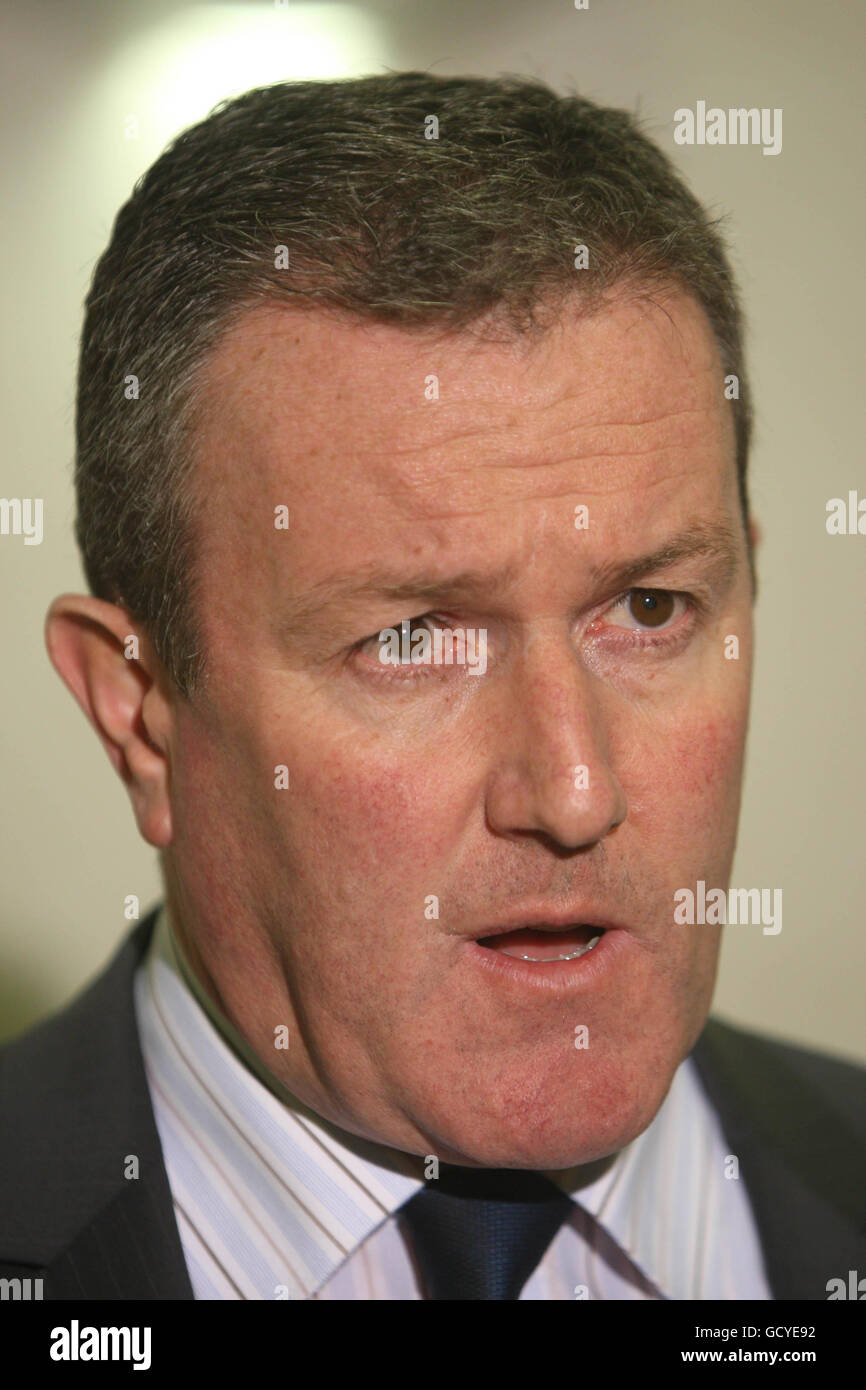 Regional Development Minister Conor Murphy, speaks to the media at his offices in Belfast, following a meeting with the board of Northern Ireland Water (NIW) who have said their priority was to fix the leaks that have crippled the supply system. Stock Photo