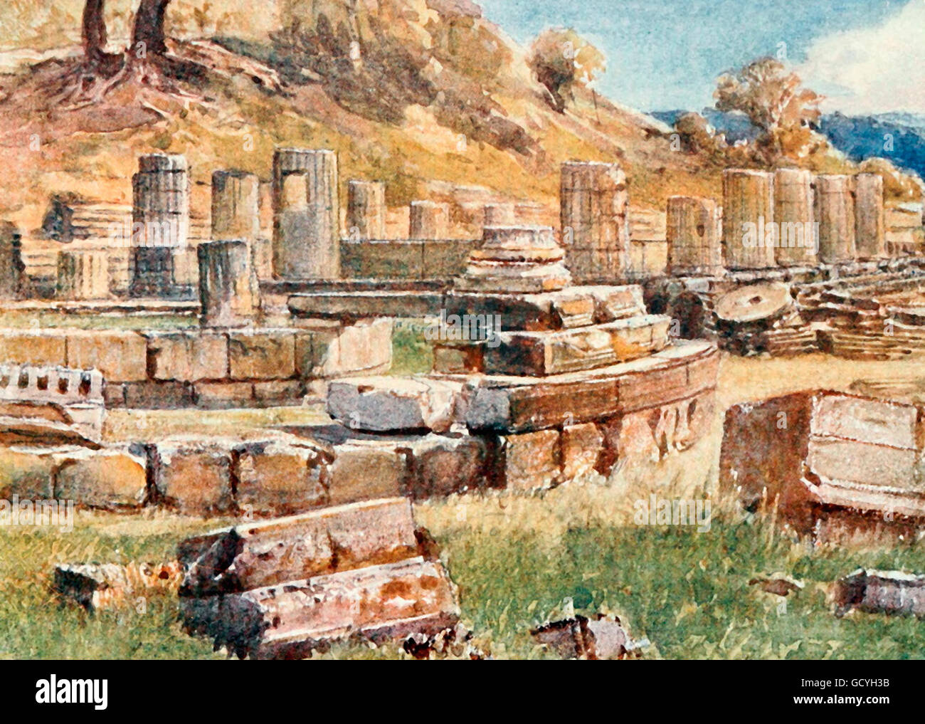 Olympia - The base of the Kronos Hill, with the remains of the Temple of Hera and the Philippeion. Greece, circa 1906 Stock Photo