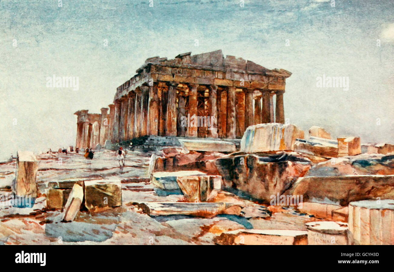 The Parthenon from the Propylaea, early morning. Greece, circa 1906 Stock Photo