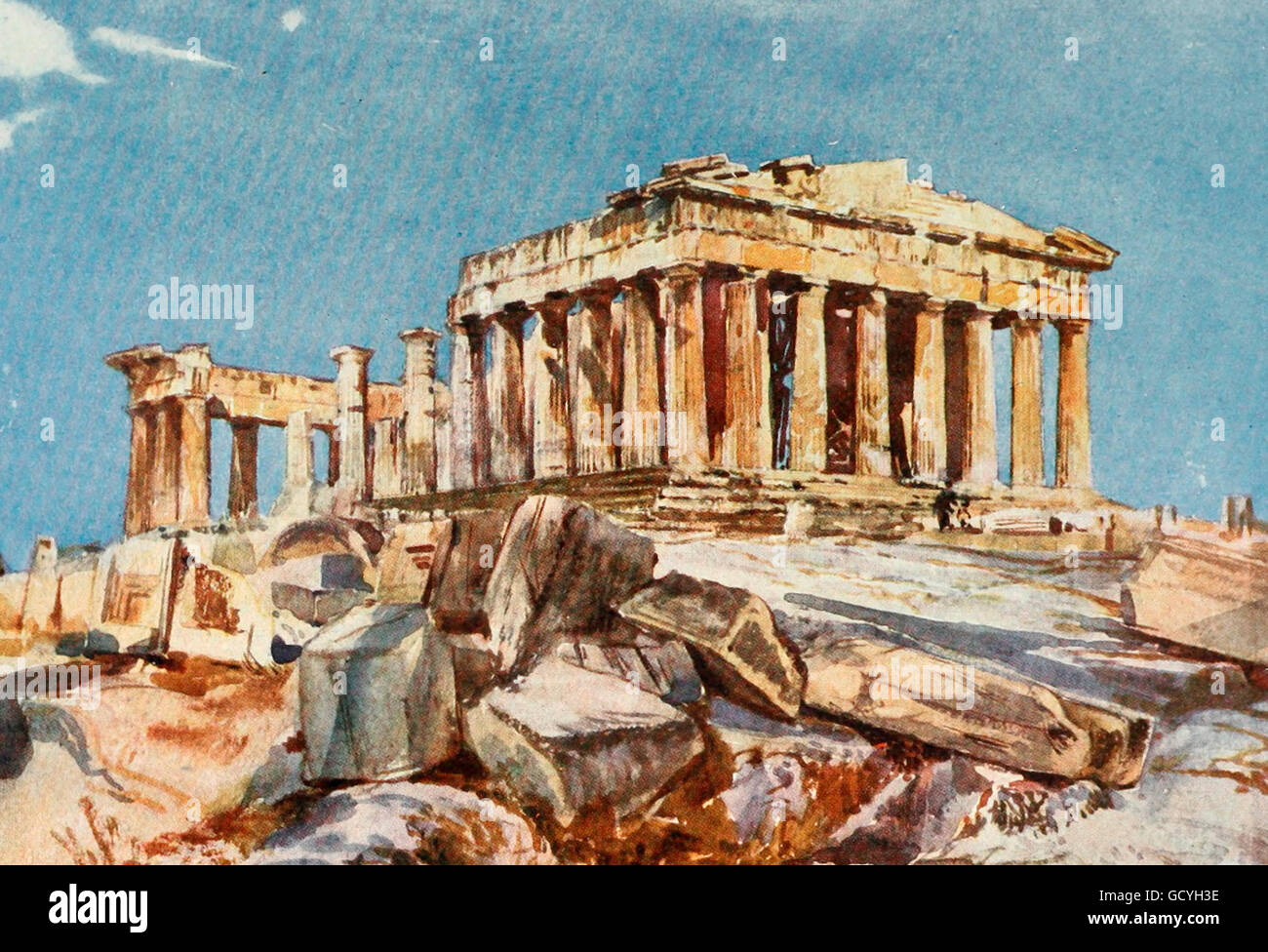 The Parthenon from the North End of the Eastern Portico of the Propylaea, evening light. Greece, circa 1906 Stock Photo