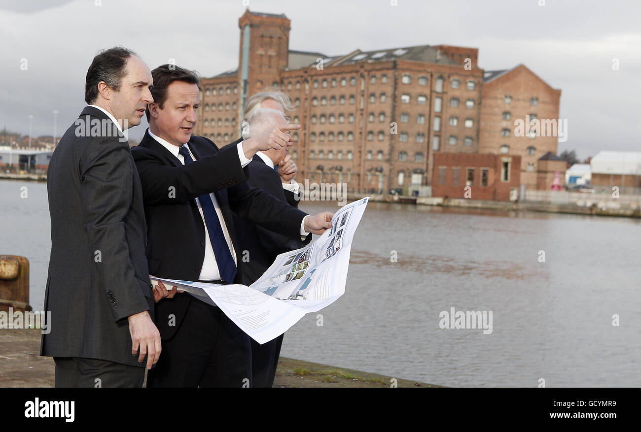 Richard Mawdsley (left) of Peel Holdings and Prime Minister David Cameron tour the 4.5 billion Wirral Waters development on Merseyside, one of Britain's biggest regeneration schemes. Stock Photo