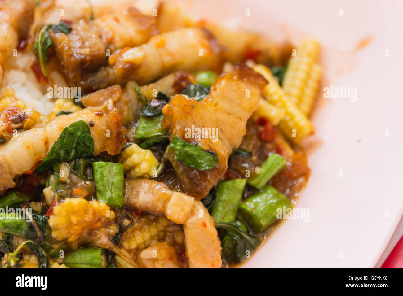 Traditional Thai dish crispy pork with a fried egg atop the jasmine