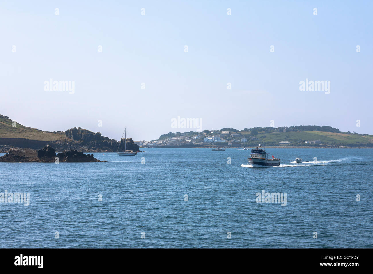 Hugh Town, St. Mary's, Isles of Scilly, UK, from the mainland ferry 'Scillonian' Stock Photo