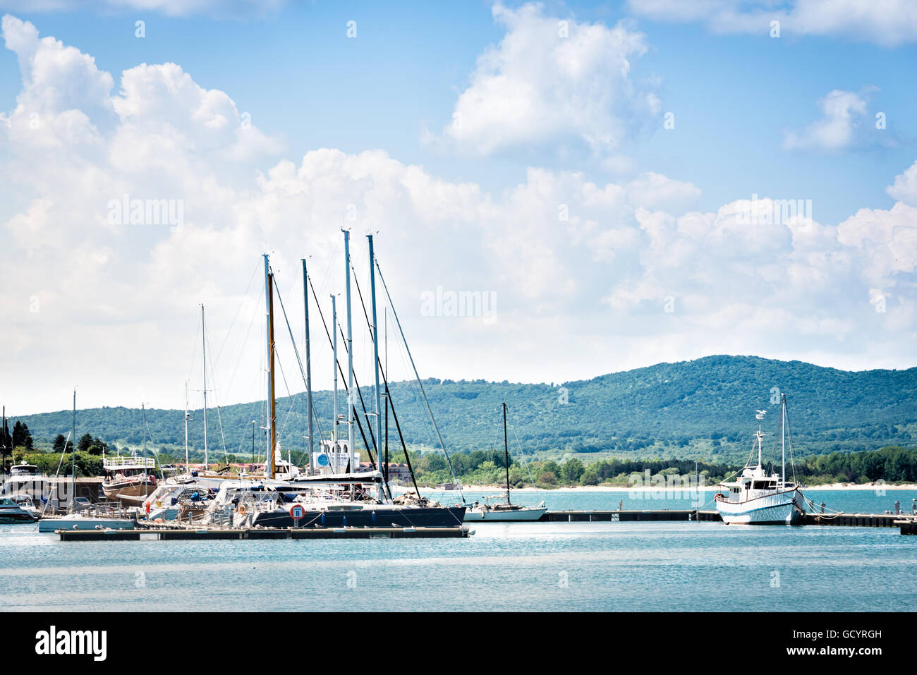 Moored boats and yachts at Marina Port in Sozopol, Bulgaria Stock Photo