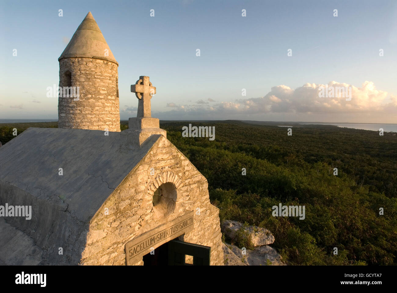 The Ermite small monastery at the top of Mount Alvernia on Cat island, over 63 meters, Bahamas. Mt. Alvernia Hermitage and Fathe Stock Photo