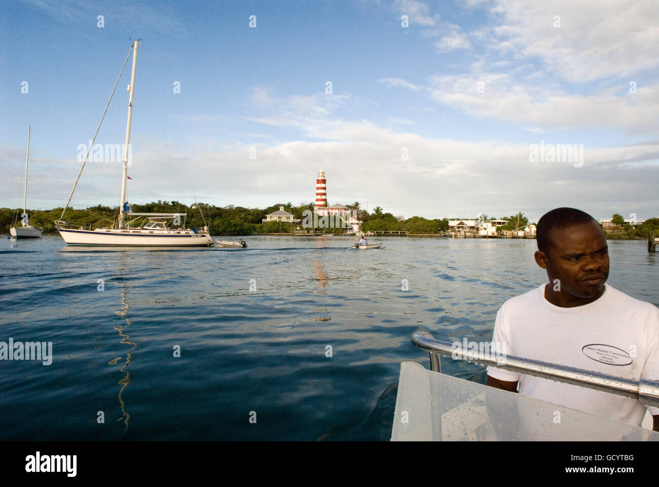 Boats in the harbor of Hope Town, Elbow Cay, Abacos. Bahamas Stock