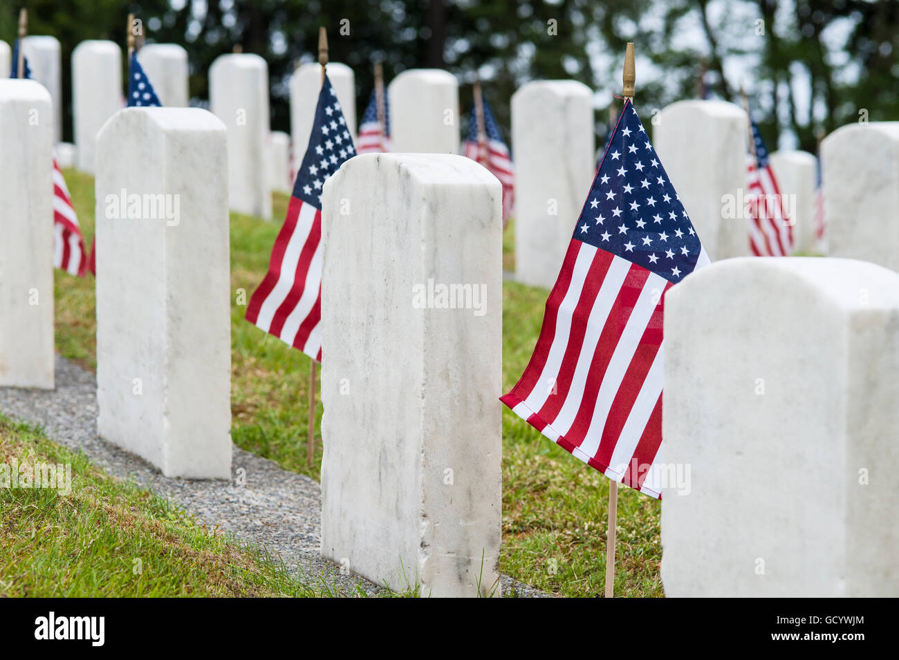 Memorial Day Ceremony at cemetery with American Flags at grave sites Stock Photo