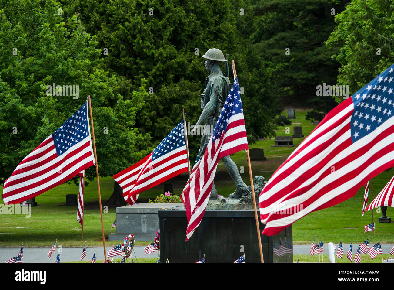 Memorial Day Ceremony at cemetery with American Flags, military ...