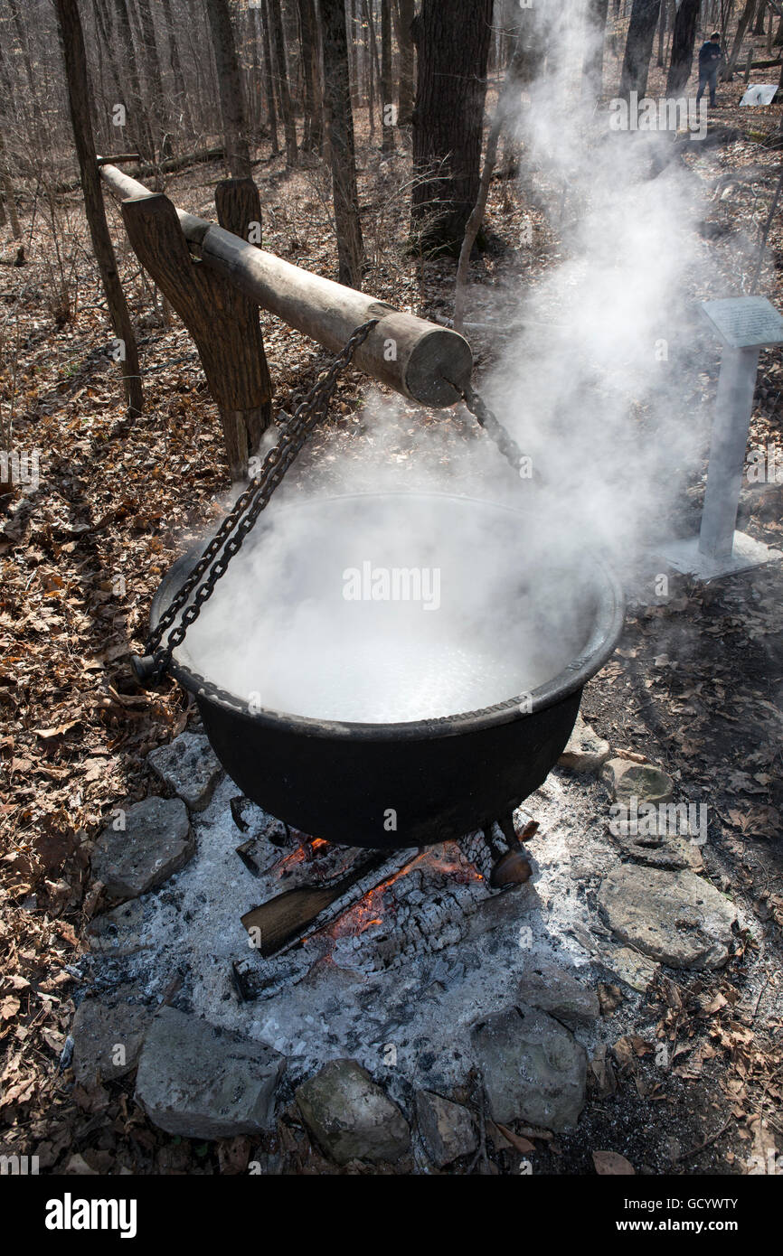 Large cast iron pots being used to reduce sugar maple sap to syrup