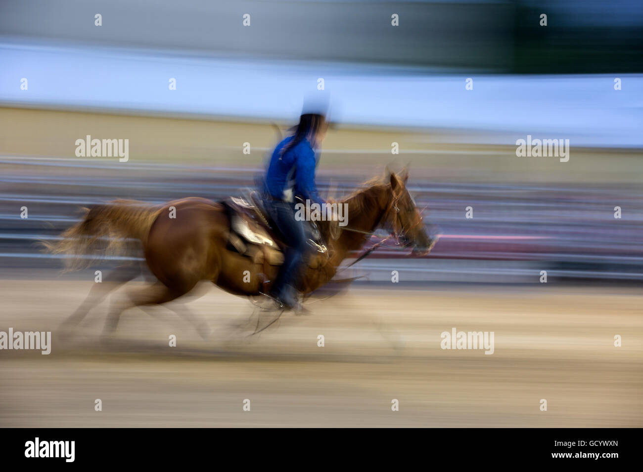 Barrel racing with horse and rider Stock Photo - Alamy