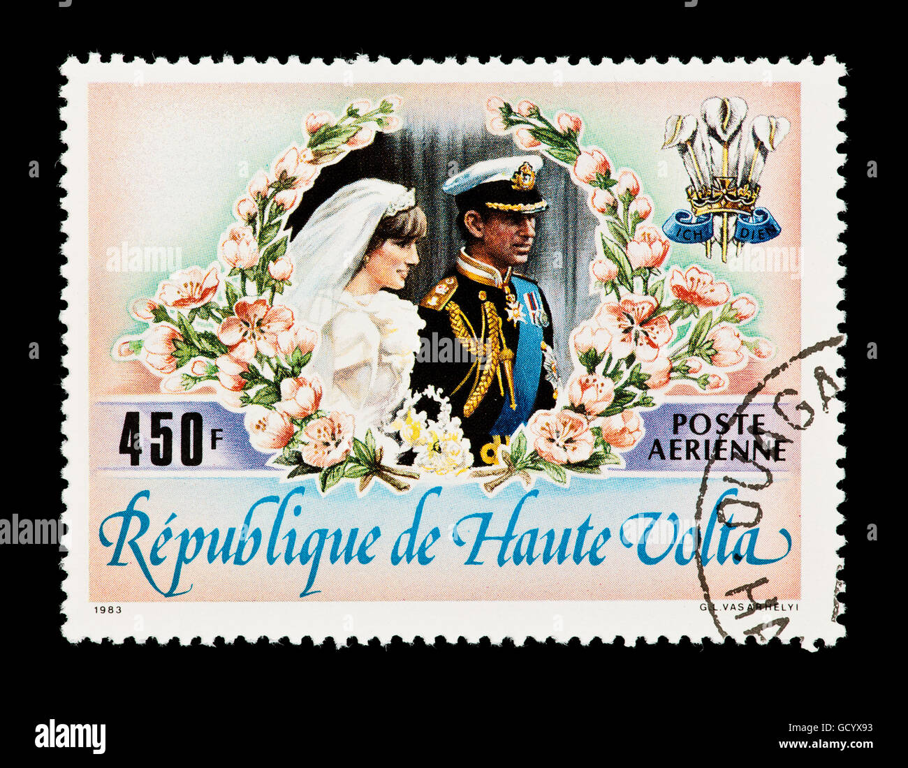 Postage stamp from Upper Volta (Burkina Faso) depicting Prince Charles and Princess Diana on their wedding. Stock Photo