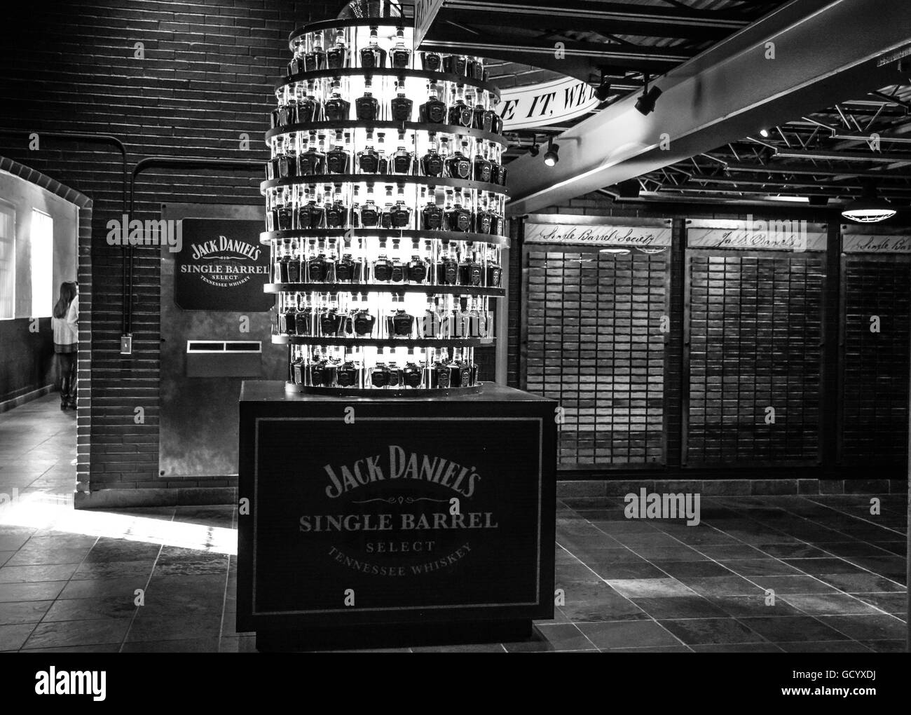 Bottles of Jack Daniel's Single Barrel Select Whiskey in tree shaped display during the tour of the Distillery in Lynchburg, TN Stock Photo