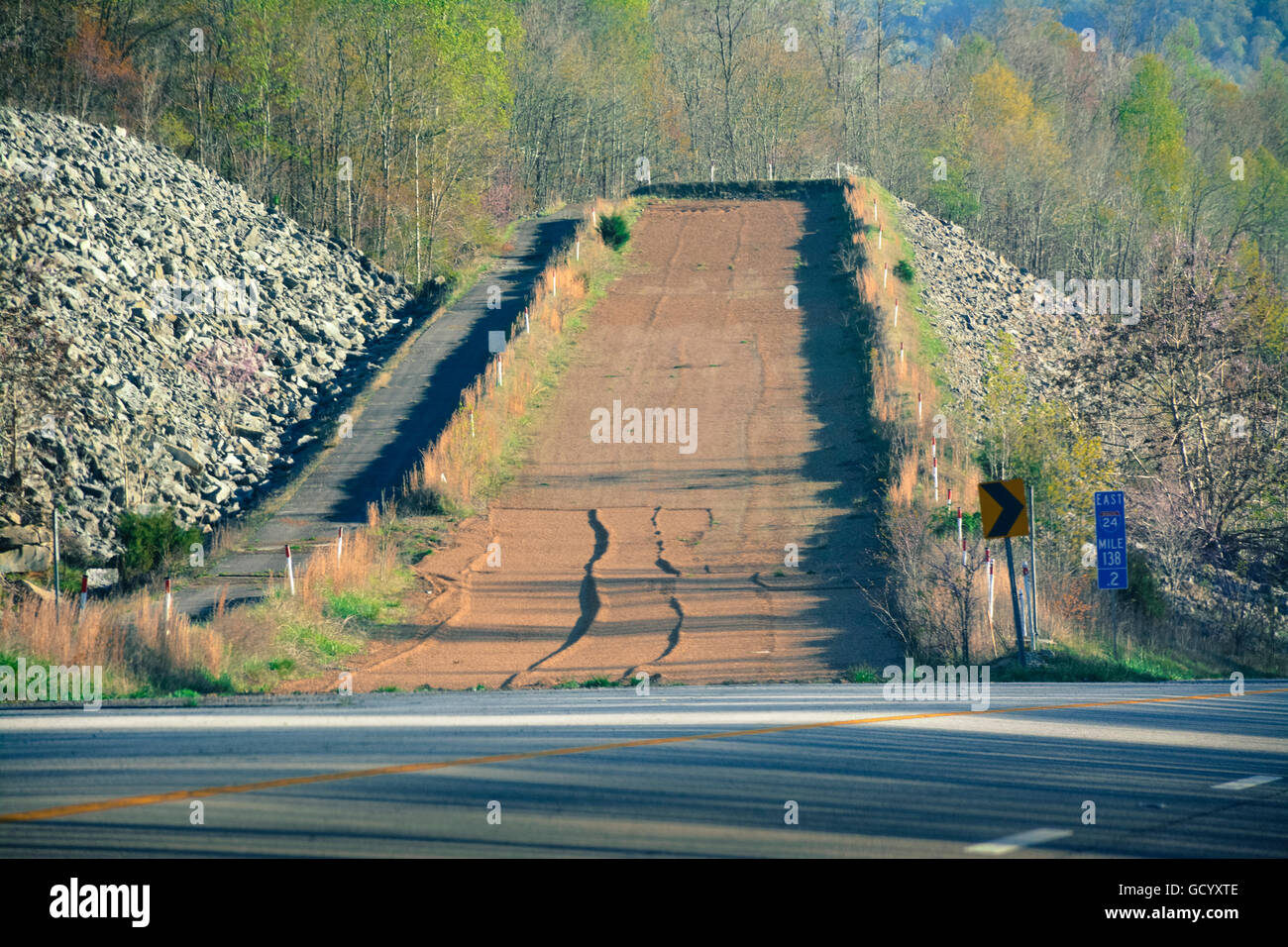 A runaway truck ramp for emergency escape for out of control truckers on interstate highway systems with steep downhill grades Stock Photo