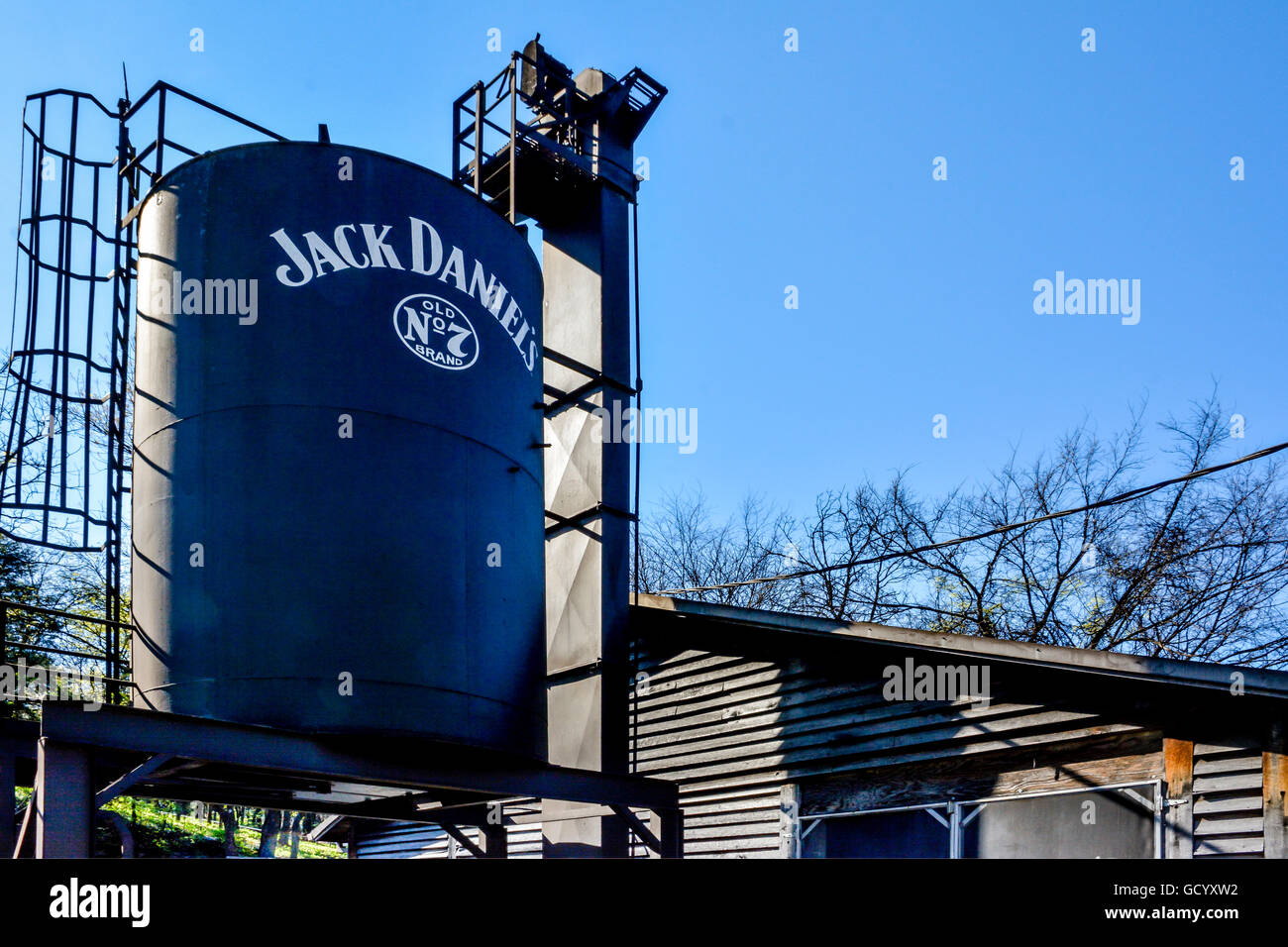 A Black liquid holding tank used in the manufacturing of whiskey at the Jack Daniels Distillery tour in Lynchburg, TN Stock Photo