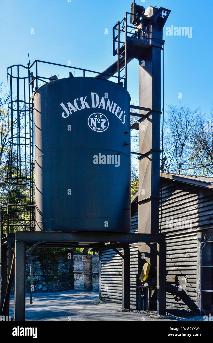 A Black liquid holding tank used in the manufacturing of whiskey at the Jack Daniels Distillery tour in Lynchburg, TN Stock Photo