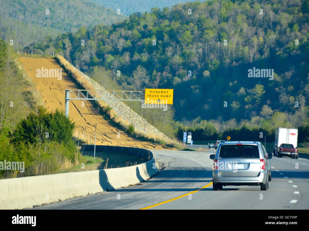 A runaway truck ramp for emergency escape by out of control truckers on interstate highway systems with steep downhill grades Stock Photo