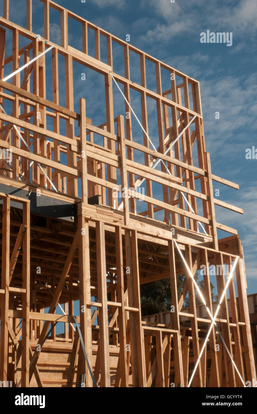 Timber frame for a house under construction in Melbourne, Australia