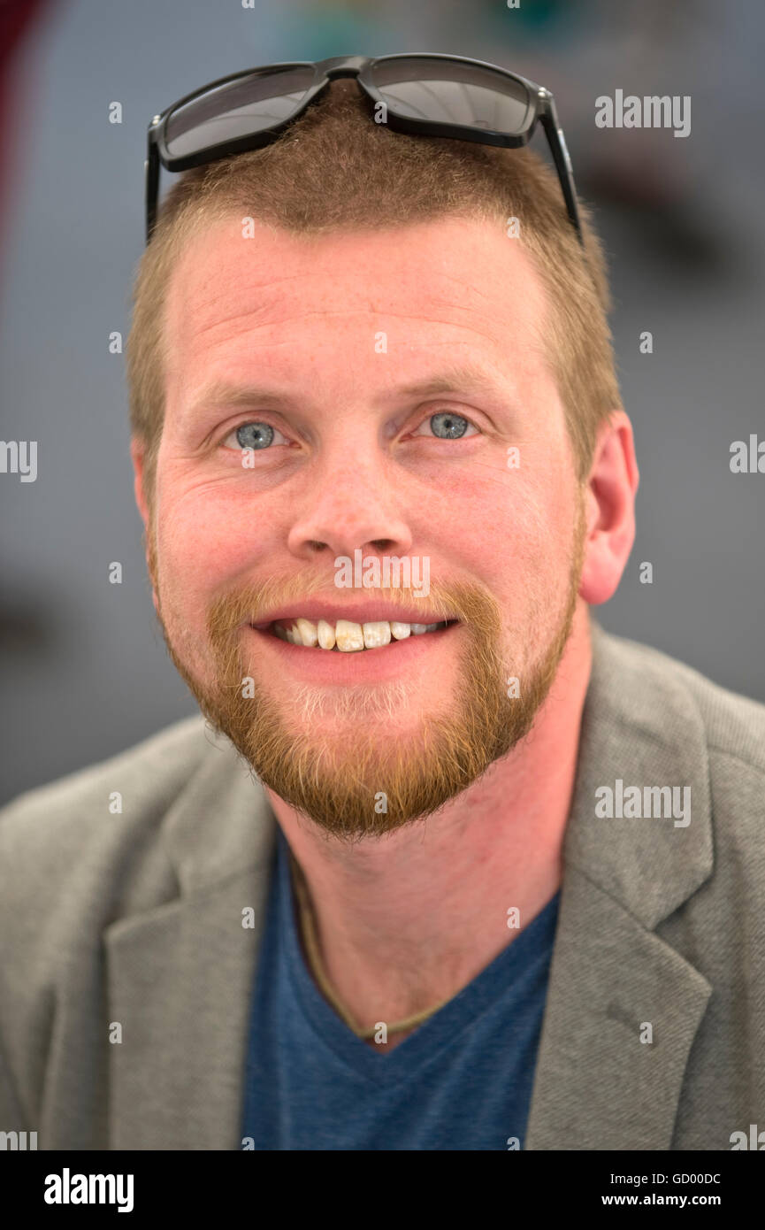 Tom Robinson founder of Adaptavate, a company that develops bio composite materials for the construction industry, at NACUE Panel Discussion on Young Entrepreneurship and Innovation at Hay Festival 2016 Stock Photo