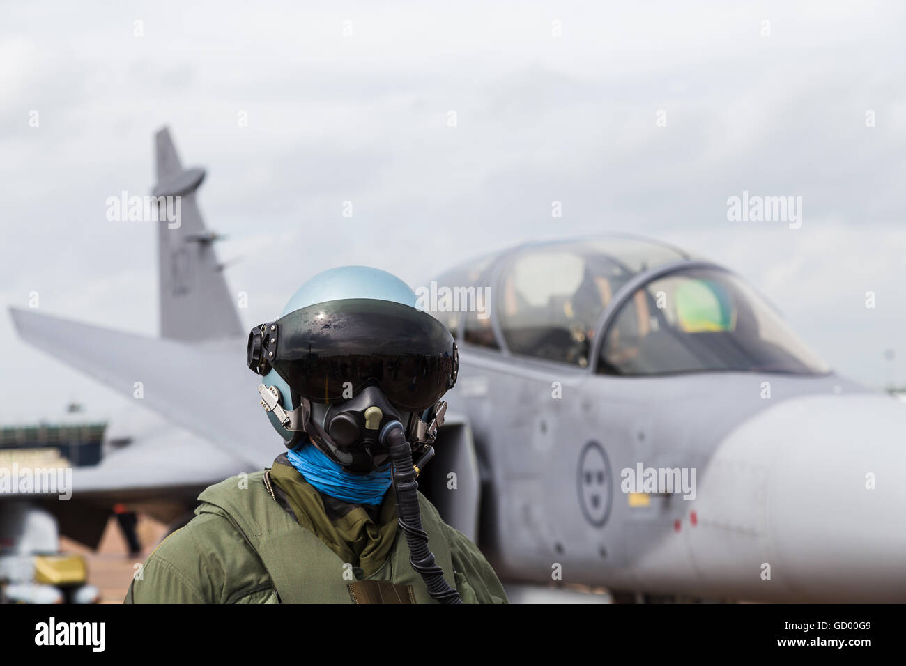 Swedish Gripen captured behind a dummy pilot in flying gear pictured at the 2016 Royal International Air Tattoo. Stock Photo