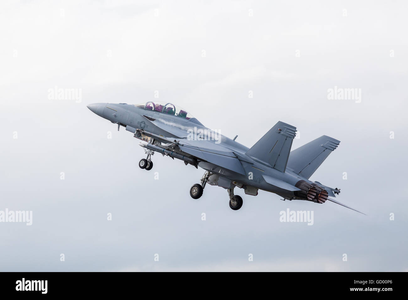 US Navy Super Hornet taking off pictured at the 2016 Royal International Air Tattoo. Stock Photo