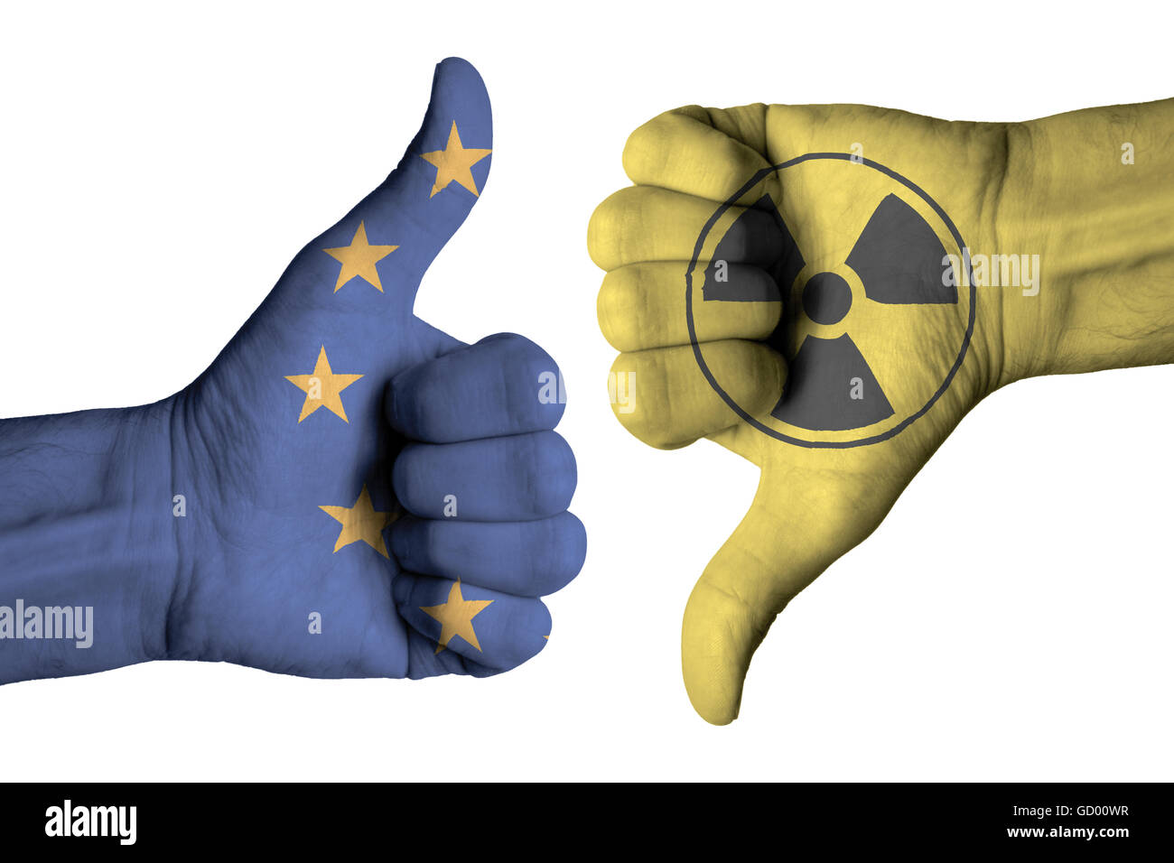 Nuclear icon on male thumb up and down  hand Stock Photo