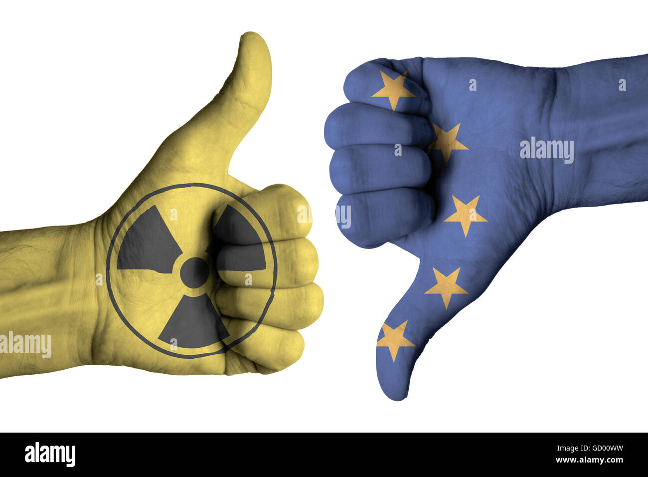 Nuclear icon on male thumb up and down  hand Stock Photo