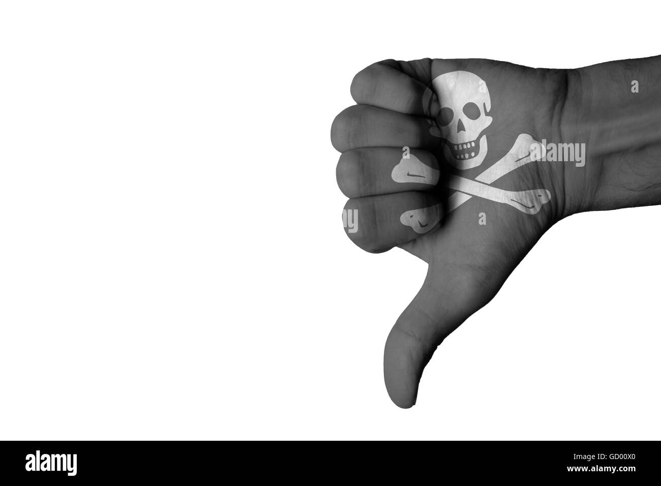 pirate flag on male thumb down hand Stock Photo
