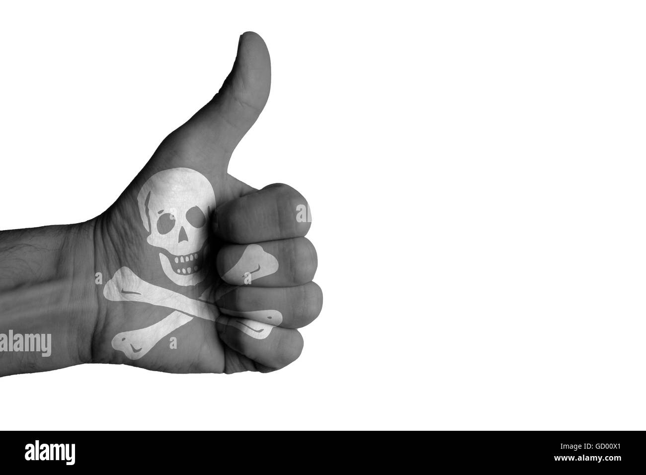pirate flag on male thumb up hand Stock Photo