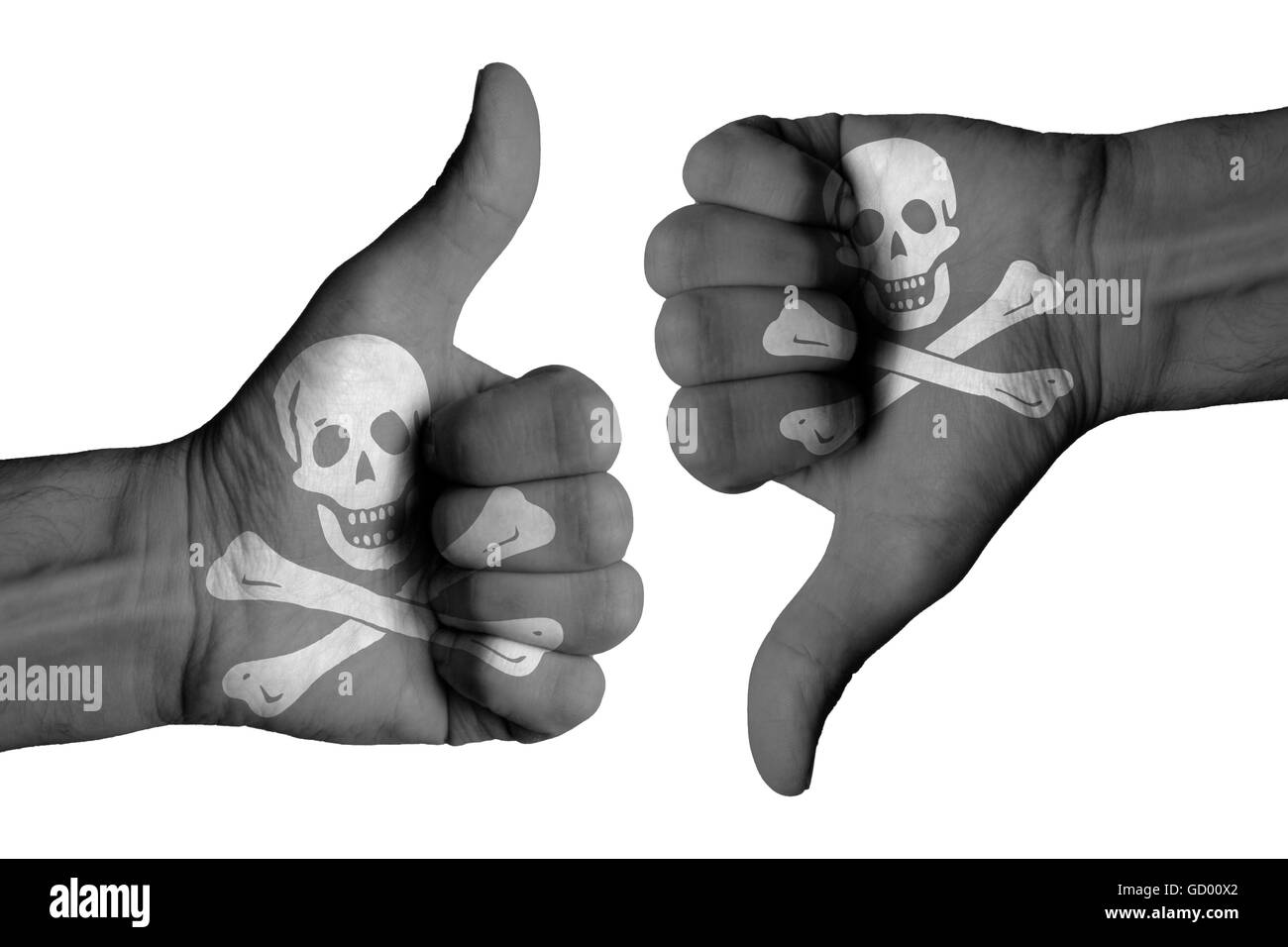 pirate flag on male thumb up and down hand Stock Photo