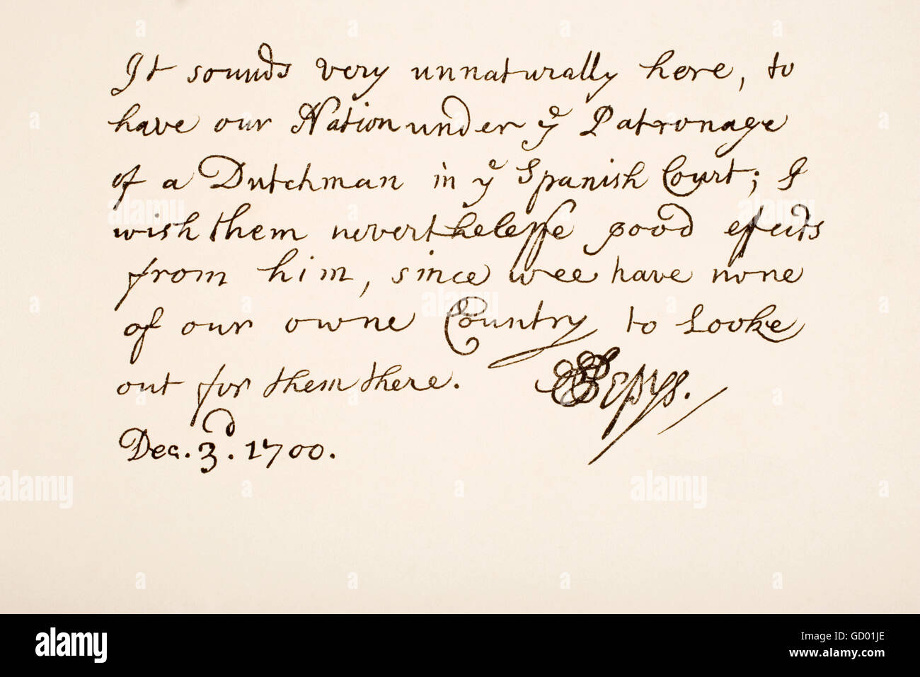 Samuel Pepys, 1633 – 1703.  English diarist and naval administrator.    Hand writing sample. Stock Photo