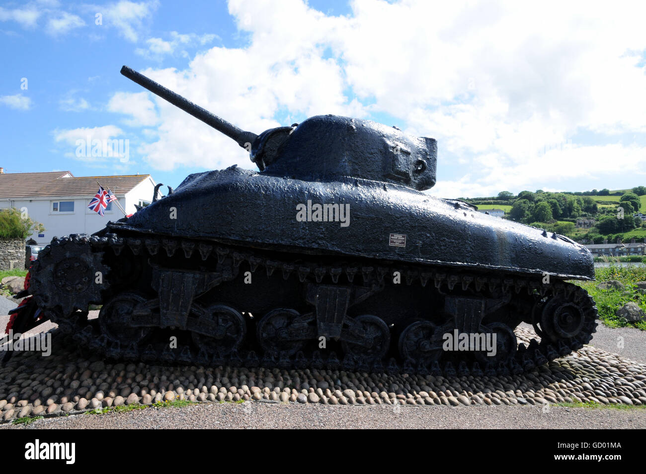 An America WW2 Sherman tank on display at Slapton Sands, Devon, England. The tank was lost in the sea during a pratice fpr the D Day landings in 1944. Stock Photo