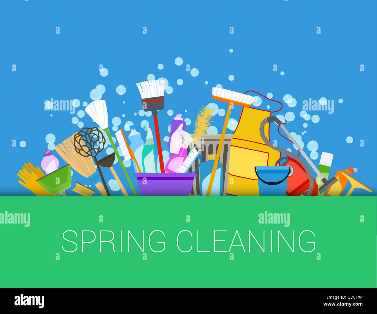 Spring cleaning background. Set of cleaning supplies. Tools of housecleaning Stock Photo