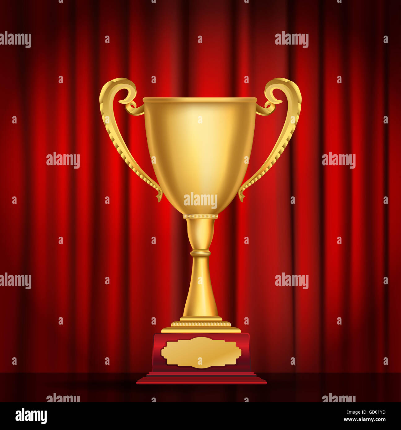 trophy golden cup on red curtain background Stock Photo