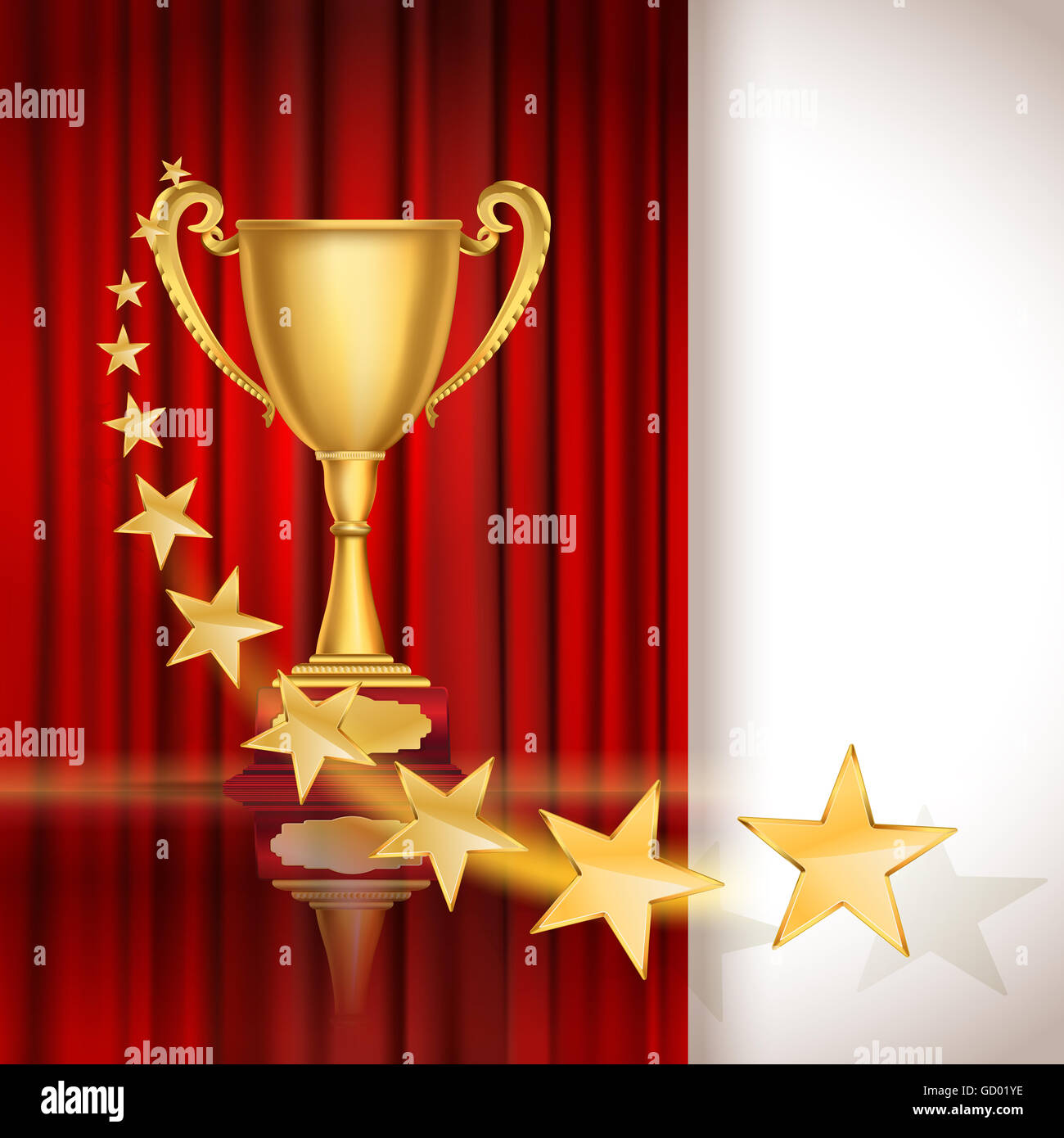 Golden sports cup on red curtain background with stars Stock Photo