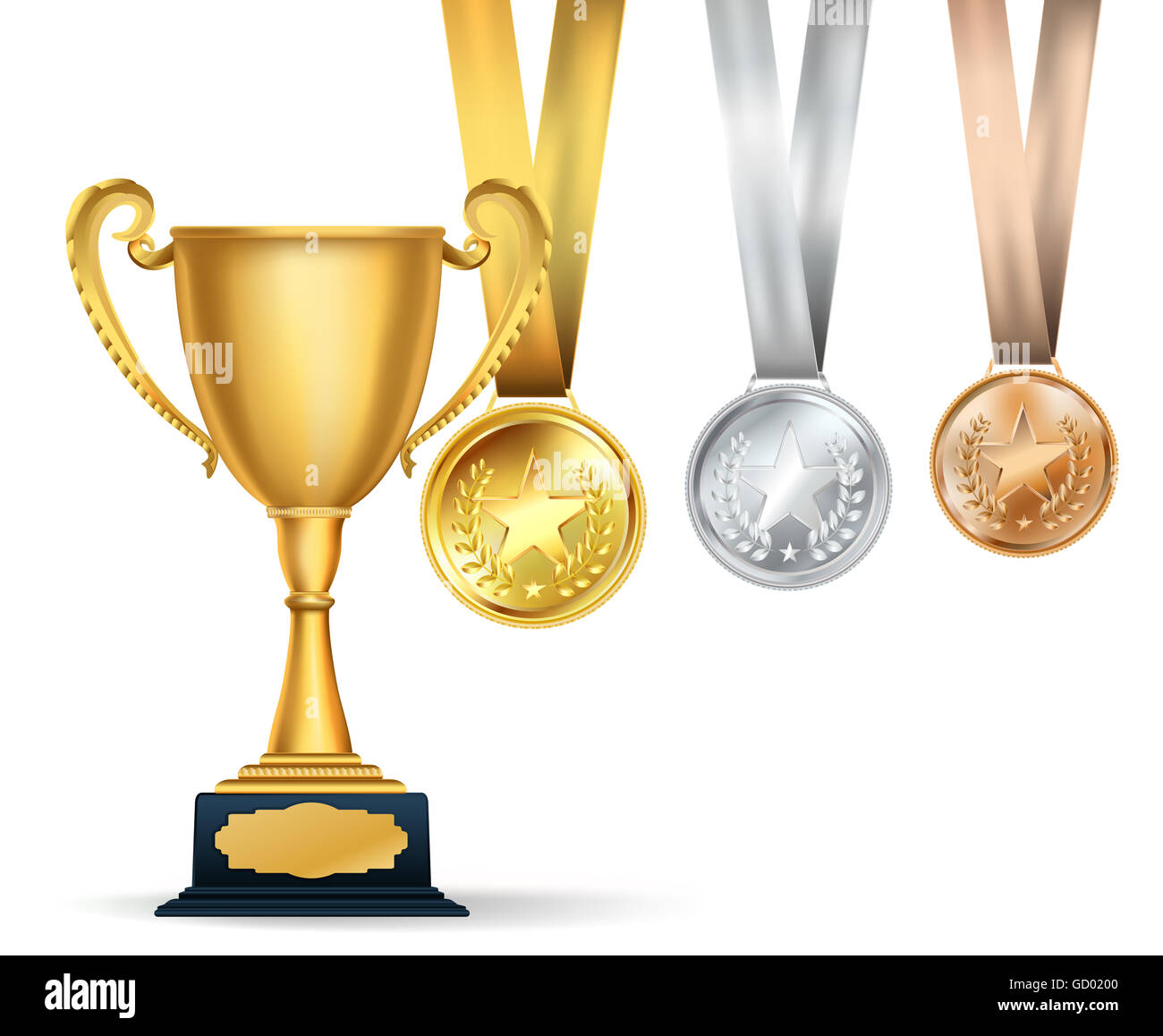Golden trophy cup and set of medals with ribbons on white background