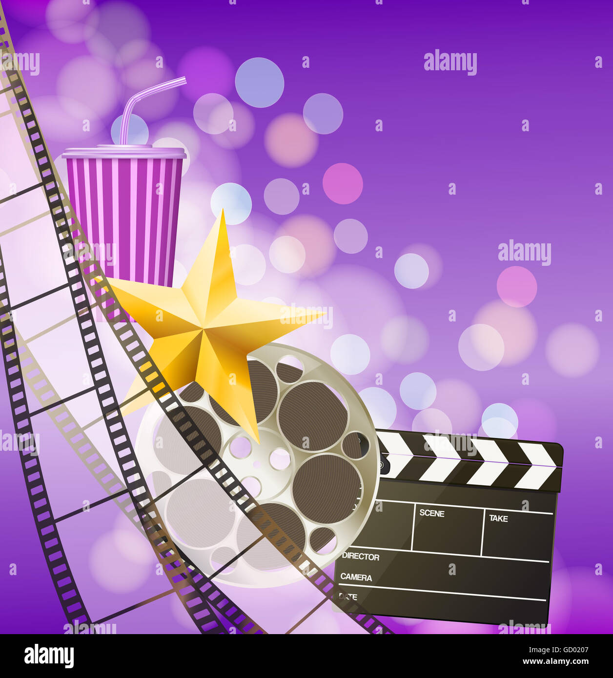 Cinema background with filmstrip, golden star, cup, clapperboard on blurry purple background Stock Photo